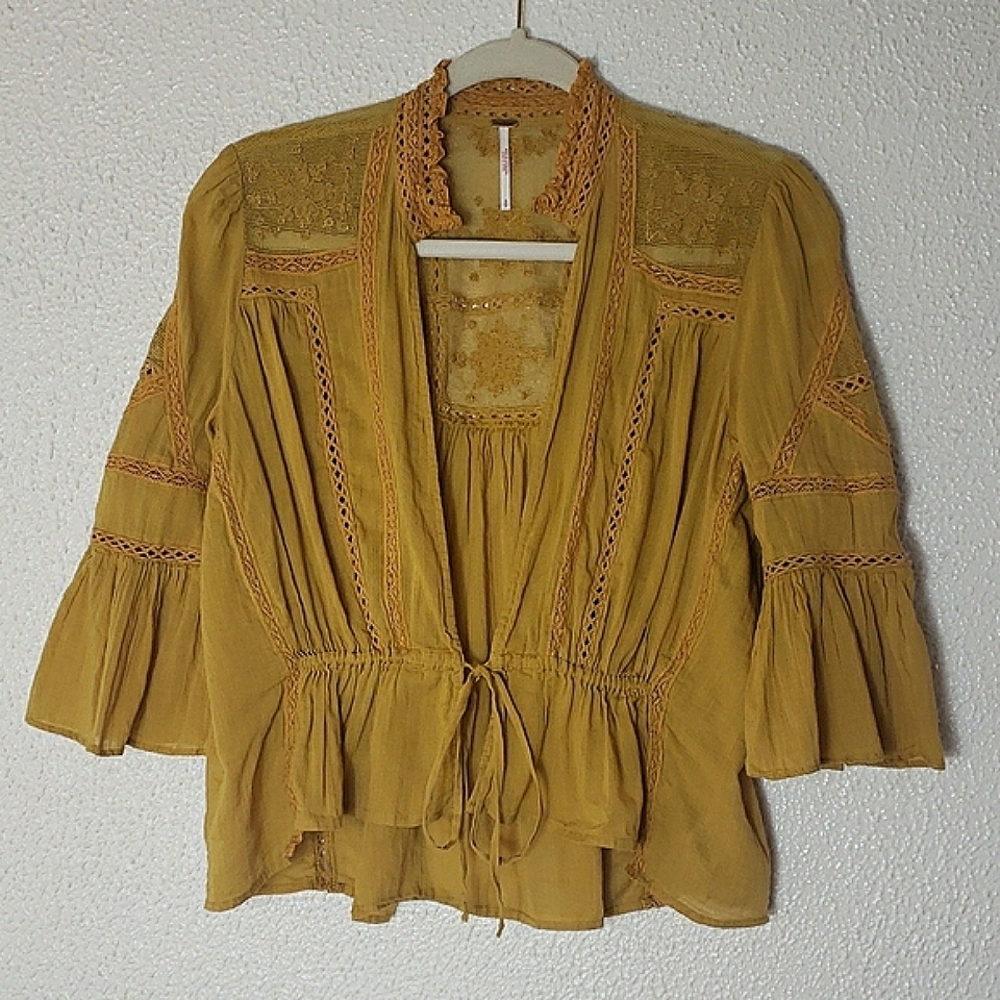Free People Mustard Crop Top Tie Front 3/4 Bell Sleeves Lace Mesh Cotton Size S - Picture 3 of 16